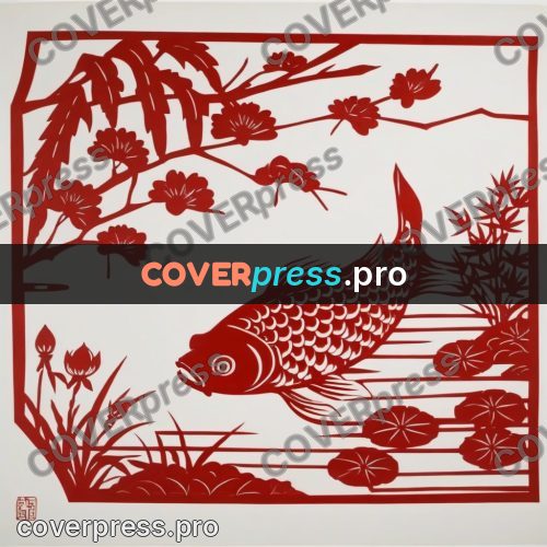 Papercut print: carp in a reedy pond