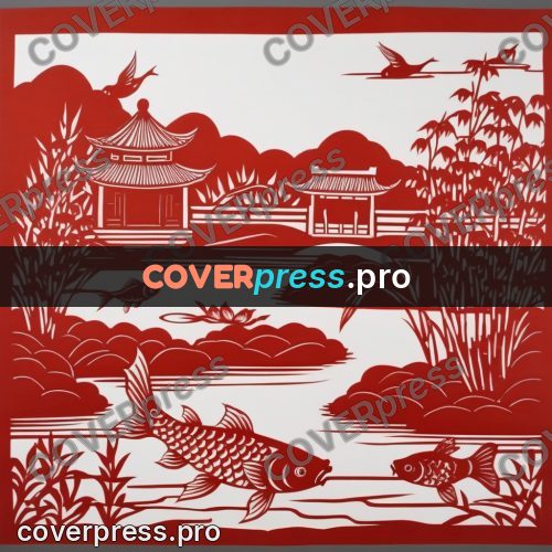Papercut print: carp in a reedy pond