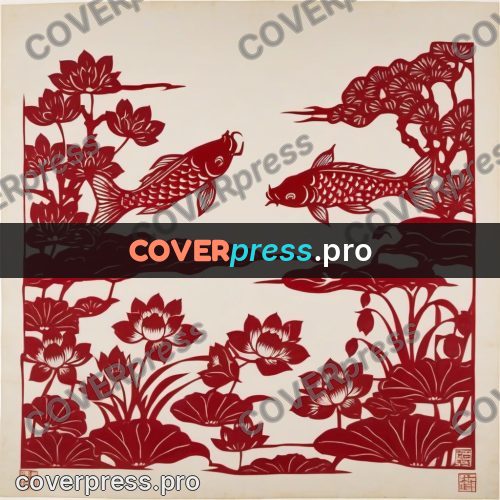 Papercut print: carp among lotus flowers