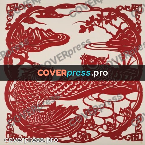 Papercut print: carp among lotus flowers