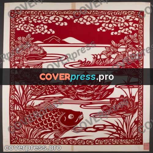 Papercut print: carp among lotus flowers