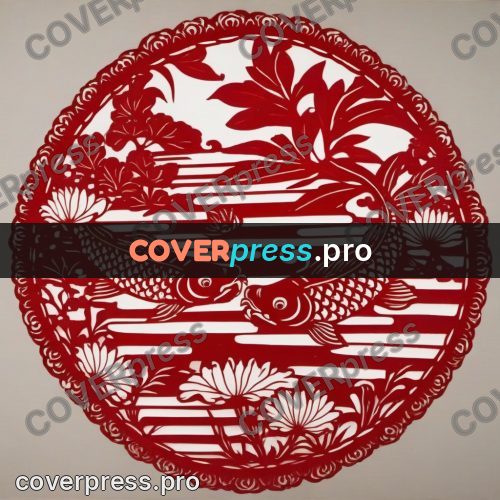 Papercut print: carp among lotus flowers