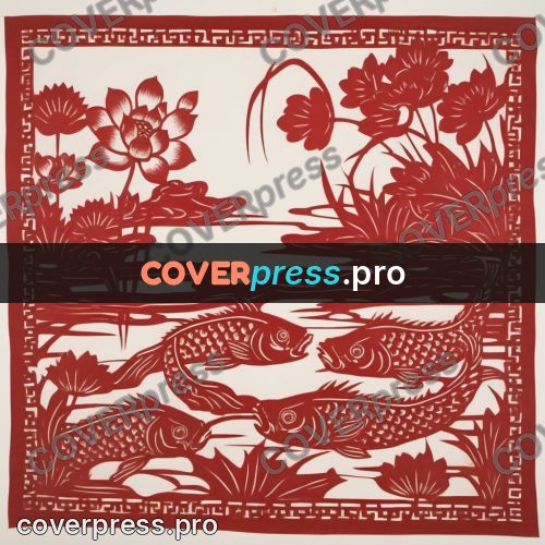 Papercut print: carp among lotus flowers
