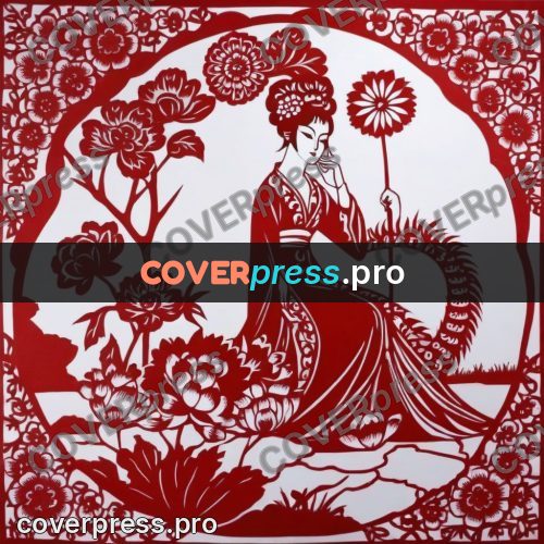 Papercut print: woman seated among peonies