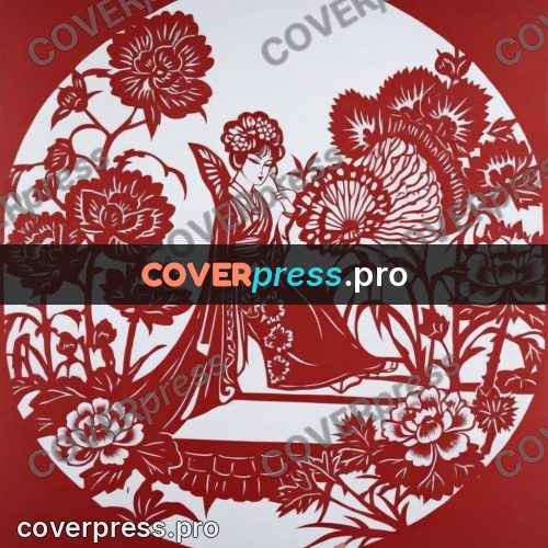 Papercut print: woman seated among peonies