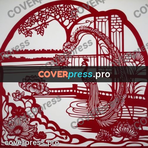 Papercut print: peacock on a terrace