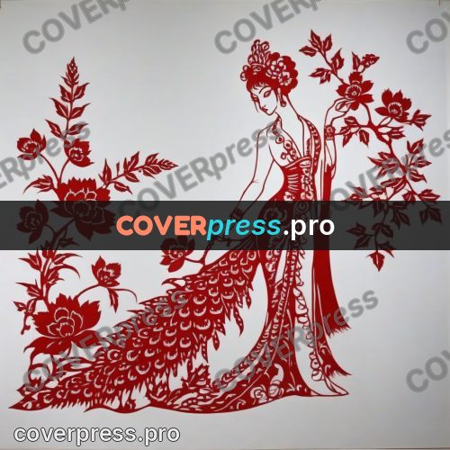 Papercut print: woman and peacock in a garden