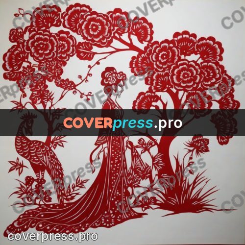 Papercut print: woman and peacock in a garden