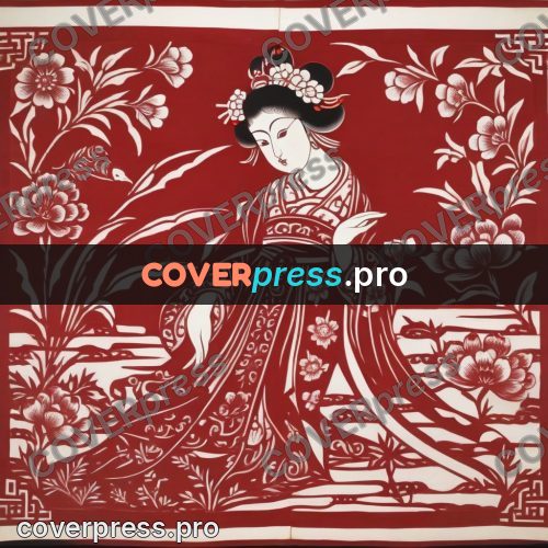 Papercut print: woman by a carved railing