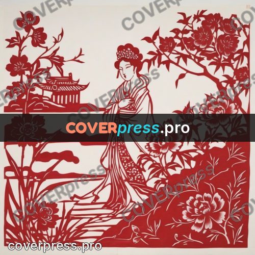 Papercut print: woman among peonies