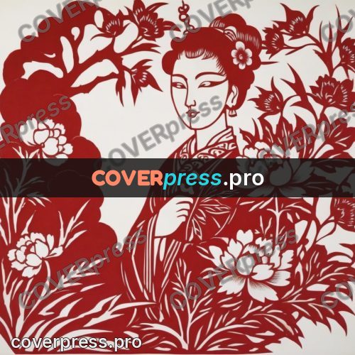 Papercut print: woman among peonies
