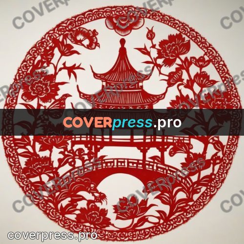 Papercut print: pagoda and bridge in a medallion