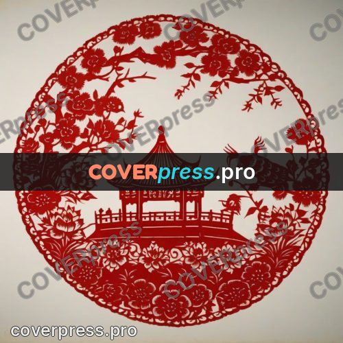 Papercut print: pagoda and bridge in a medallion