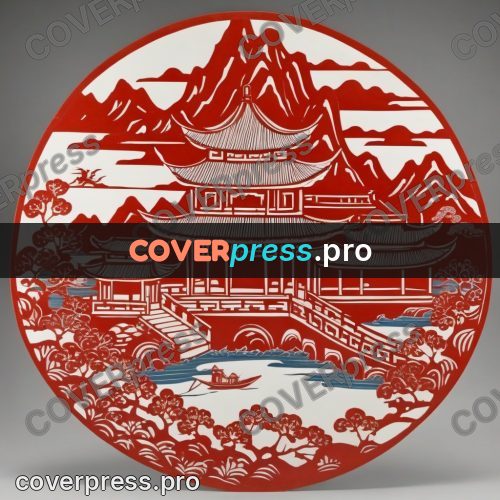Papercut print: palace by water below mountains