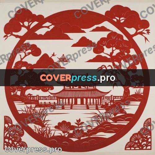 Papercut print: palace by water below mountains