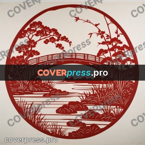 Papercut print: arched bridge over a stream