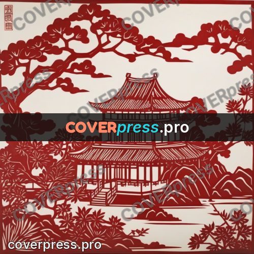 Papercut print: pagoda among pine trees