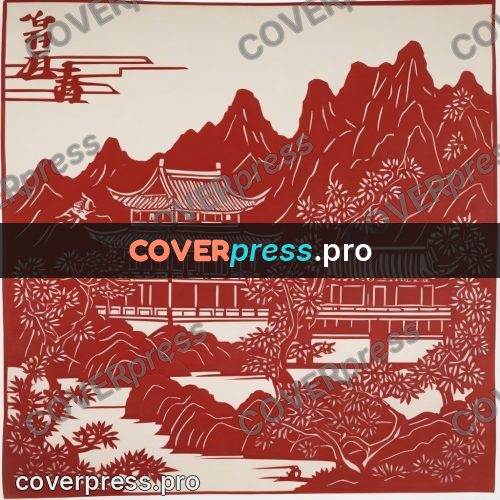 Papercut print: pagoda among pine trees