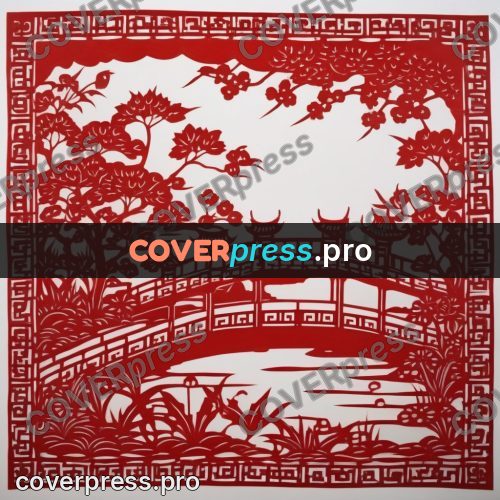 Papercut print: bridge with pavilions over water