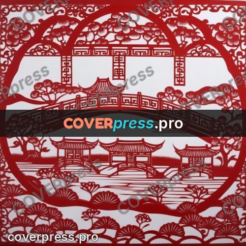 Papercut print: bridge with pavilions over water