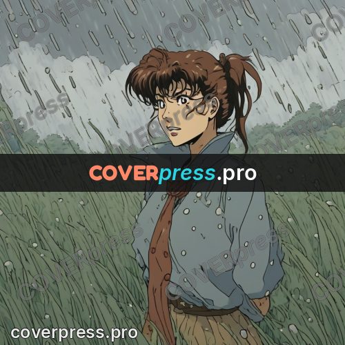 Old anime drawing: girl in the rain