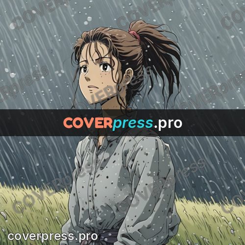 Old anime drawing: girl in the rain