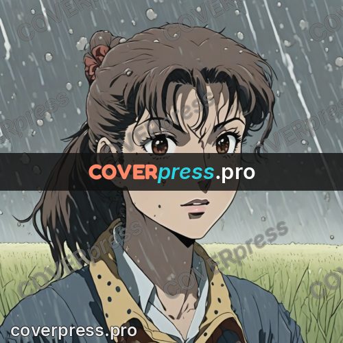 Old anime drawing: girl in the rain