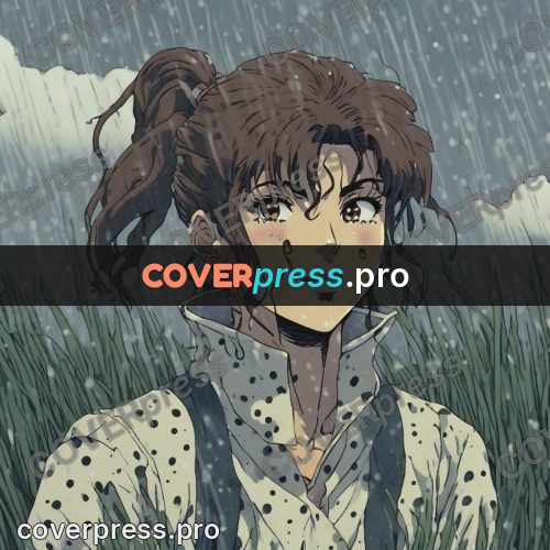 Old anime drawing: girl in the rain