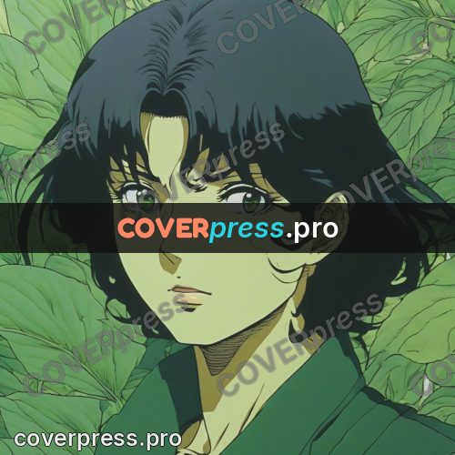Old anime drawing: girl among green leaves