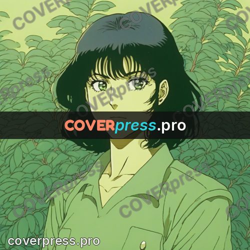 Old anime drawing: girl among green leaves