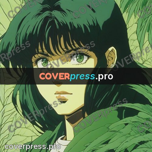 Old anime drawing: girl among green leaves