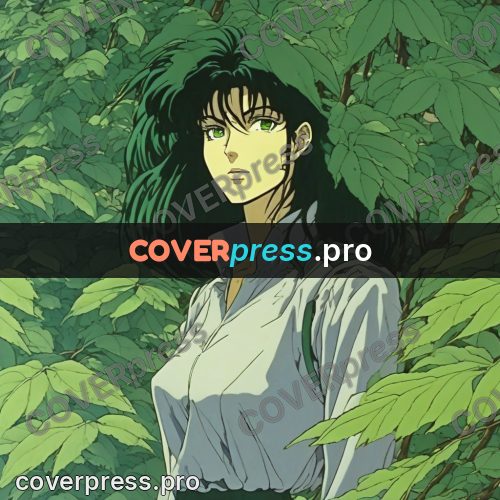 Old anime drawing: girl in a shirt among leaves