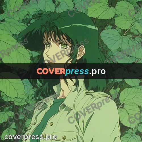 Old anime drawing: girl in a shirt among leaves