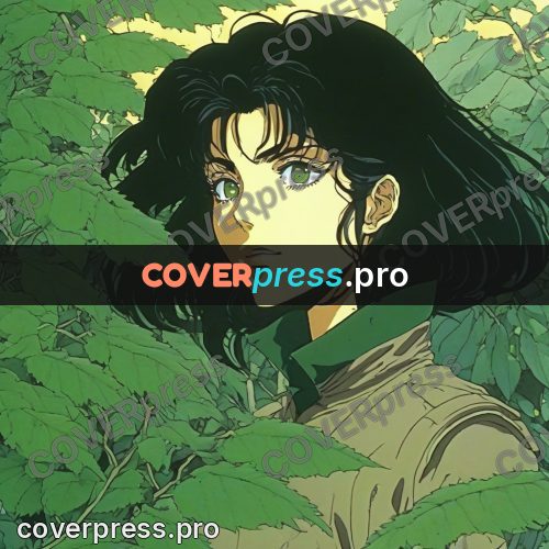 Old anime drawing: girl in a shirt among leaves