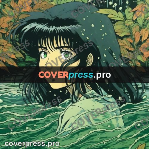 Old anime drawing: girl in green water