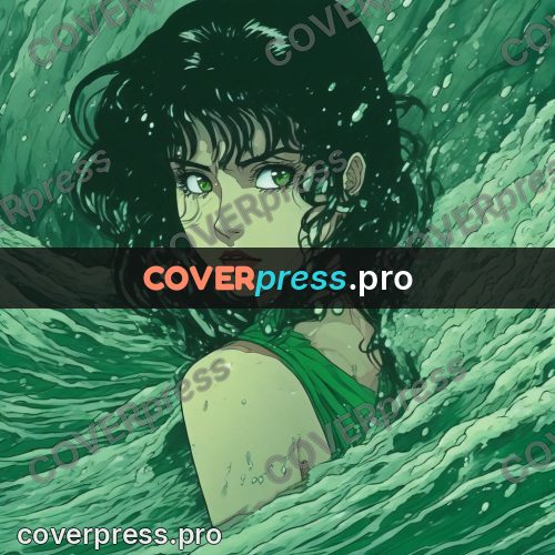 Old anime drawing: girl in green water
