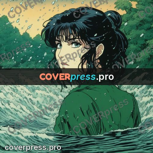 Old anime drawing: girl in green water