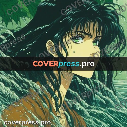 Old anime drawing: girl in green water