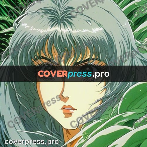 Old anime drawing: green hair among the grass