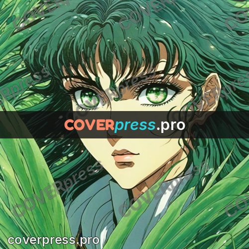 Old anime drawing: green hair among the grass