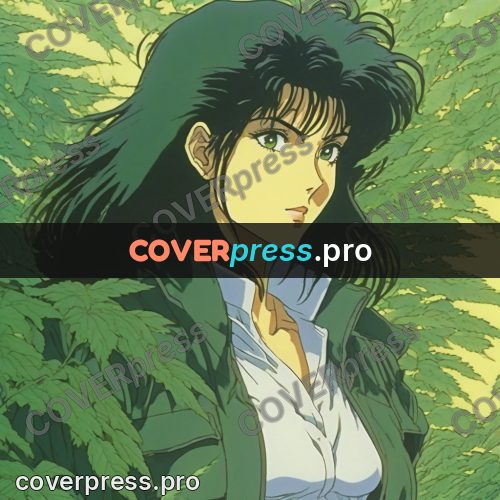 Old anime drawing: girl in a jacket among greenery