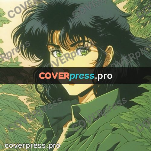 Old anime drawing: girl in a jacket among greenery