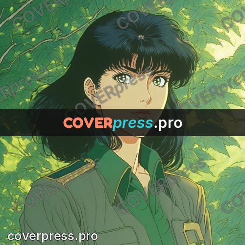 Old anime drawing: girl in a jacket among greenery