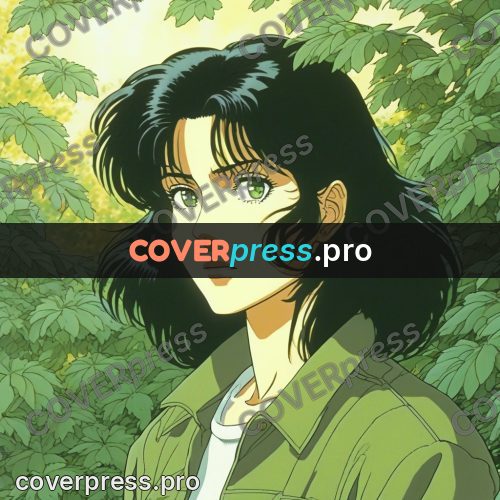 Old anime drawing: girl in a jacket among greenery