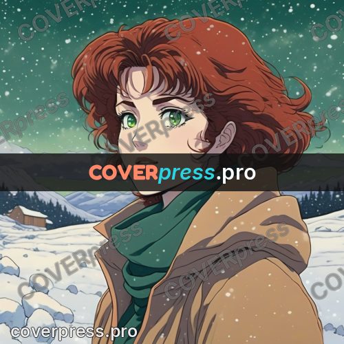 Old anime drawing: red-haired girl in a green scarf
