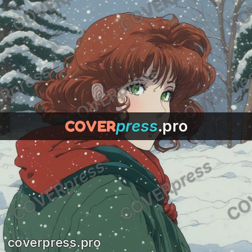 Old anime drawing: red-haired girl in a green scarf