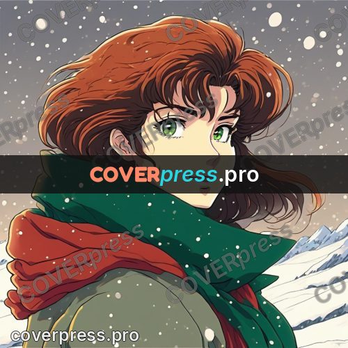 Old anime drawing: red-haired girl in a green scarf
