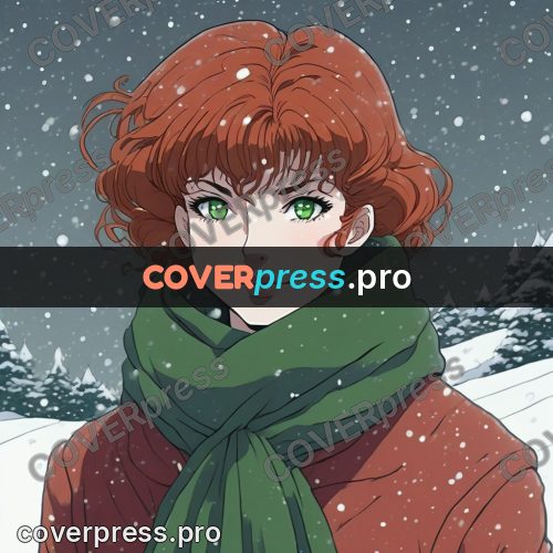 Old anime drawing: red-haired girl in a green scarf
