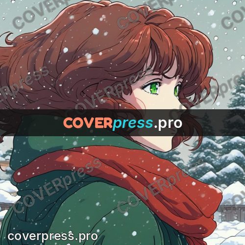 Old anime drawing: red-haired girl in a green scarf