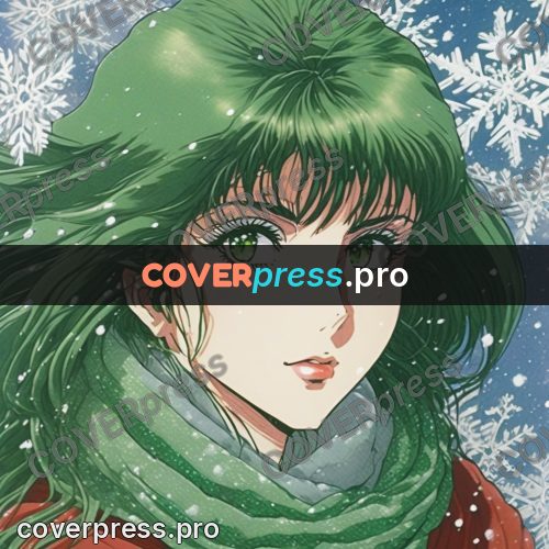 Old anime drawing: face in a green scarf